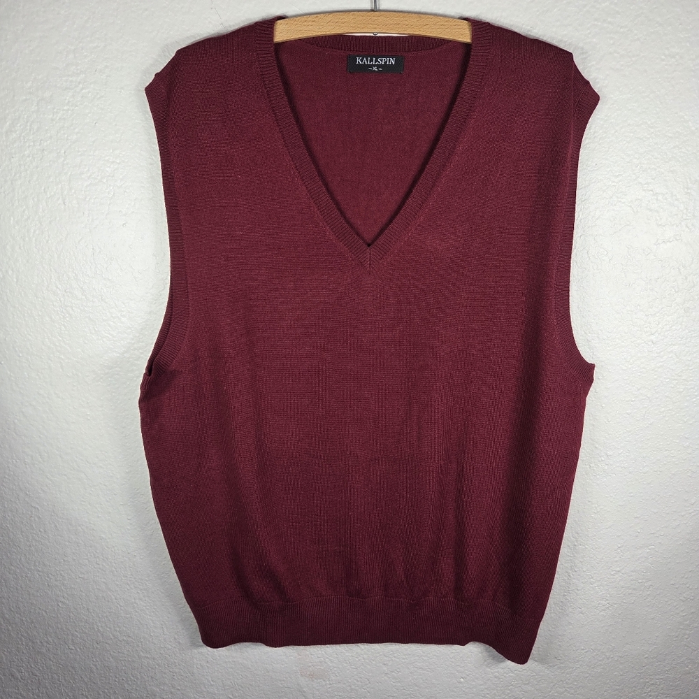 Kallspin Burgundy Sweater Vest Mens XL Cashmere Wool Blend Pullover Sleeveless